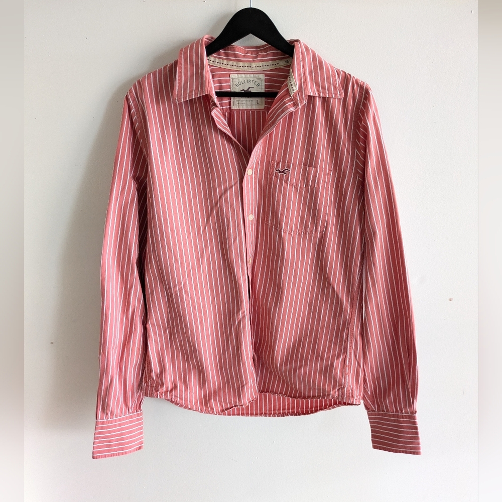 Hollister Men's Salmon Pink and White Striped Button down Shirt size L